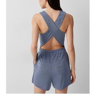 Shiny slate blue crisscross back knit romper NWT